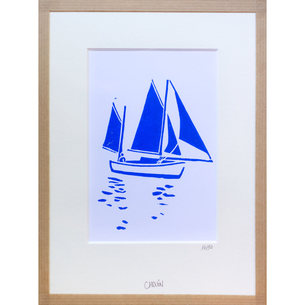 Linogravure Morgane Chouin 'Voilier en Mer' 18x24 cm