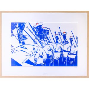 Linogravure Morgane Chouin 'Joueurs de biniou' 30x40