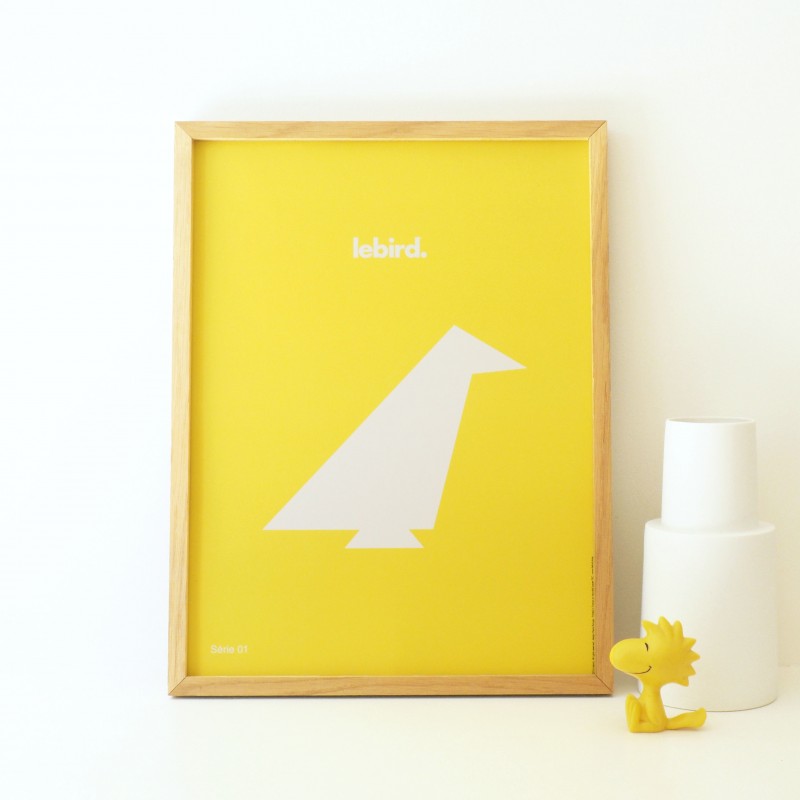 Affiche Lebird_ByPan_Oiseau blanc_fond jaune_Pierre Baryga_imprimé en France_ Recyclé_décoration_L'Inatelier_Nantes_Boutique déco_poster_cadre