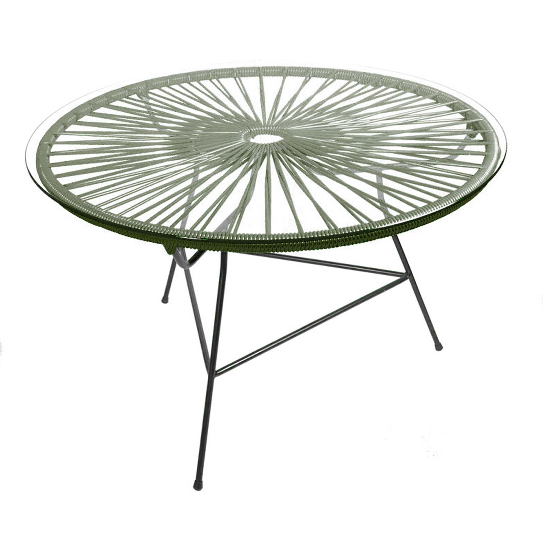 table basse ronde exterieur Zipolite Boqa_salon de jardin_design_pvc_tressage polyvinyl_terrasse_balcon_picsince_été_mobilier ext_couleur_personnalisable_plateau en verre_made in France_L'Inatelier_Nantes_boutique déco_artisanat français_vert olive_3/4 haut_structure acier noir_zoom_acapulco