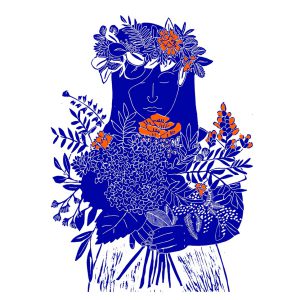 Grande Linogravure 'La Femme au Bouquet' 60x80 cm