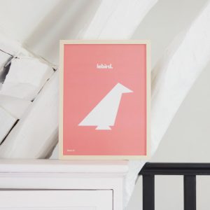 Affiche Lebird_ByPan_Oiseau blanc_fond rose_Pierre Baryga_imprimé en France_ Recyclé_décoration_L'Inatelier_Nantes_Boutique déco_poster_cadre_enfant_bébé