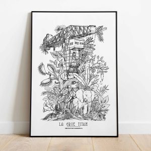 affiche-la-grue-titan-grue-jaune-Geoffrey Berniolle_illustration_ studio mâtcha - nantes - linatelier - A3_poster_cadre_décoration_murale_intérieur-noir-et-blanc