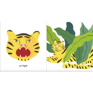 livre enfant_edition jeunesse_maison_Eliza_Couverture-Petits-et-grands-de-la-jungle-Agathe singer_illustratrice_l'inatelier_nantes_made in france_ dès 6 mois_livre bébé_graphique_couleurs_apprentissage_cartonné_550x550_détail illustration_double page_tigre