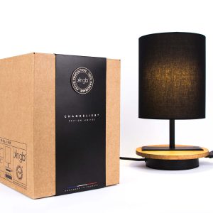 LAMPE-de chevet-CHANDELIER-NOIR-KNGB-creation-design-luminaire-made-in-france-artisanat-français-pièce-numérotée-bois-massif-cuir-coton-chambre-décoration-linatelier-nantes-boutique-décoration-intérieur-lumière-contemporain-écoresponsable-led-FAce-marron-packaging