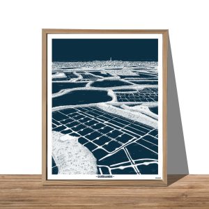 Affiche Augustin-bleu et blanc- Guérande- Marais salants-Bretagne-mer-plage-déco-poster-Linatelier-Avec cadre